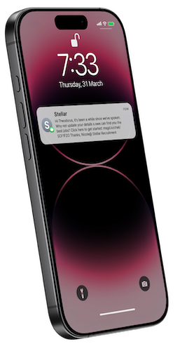 Roi-AI SMS recruitment messaging — personalised candidate and client text message notifications including job alerts, interview reminders and alphanumeric sender ID