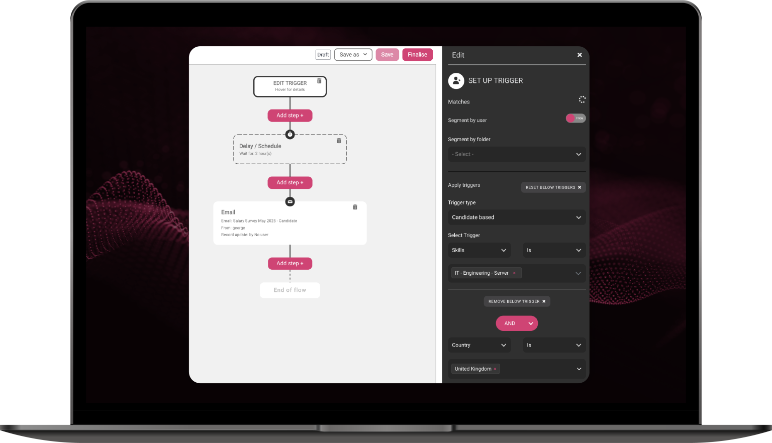 Roi-AI automated recruitment nurture journey workflow — personalised candidate and client engagement sequences triggered by behaviour, status, role type and skill