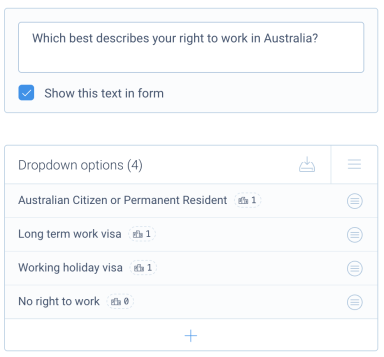 Roi-AI automated application screening form — right to work in Australia survey with dropdown options for Australian Citizen or Permanent Resident, long-term work visa, working holiday visa and no right to work