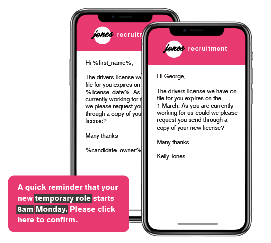 Roi-AI automated compliance SMS for temporary recruitment — Jones Recruitment branded iPhone messages with driver licence expiry reminder and new temp role start confirmation notification